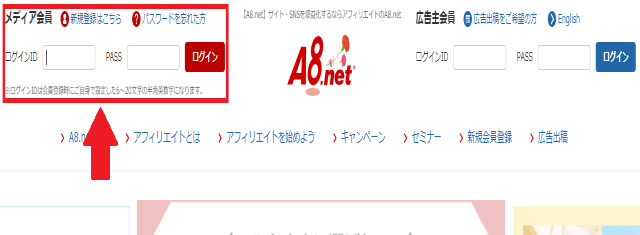 A8.netログインページ